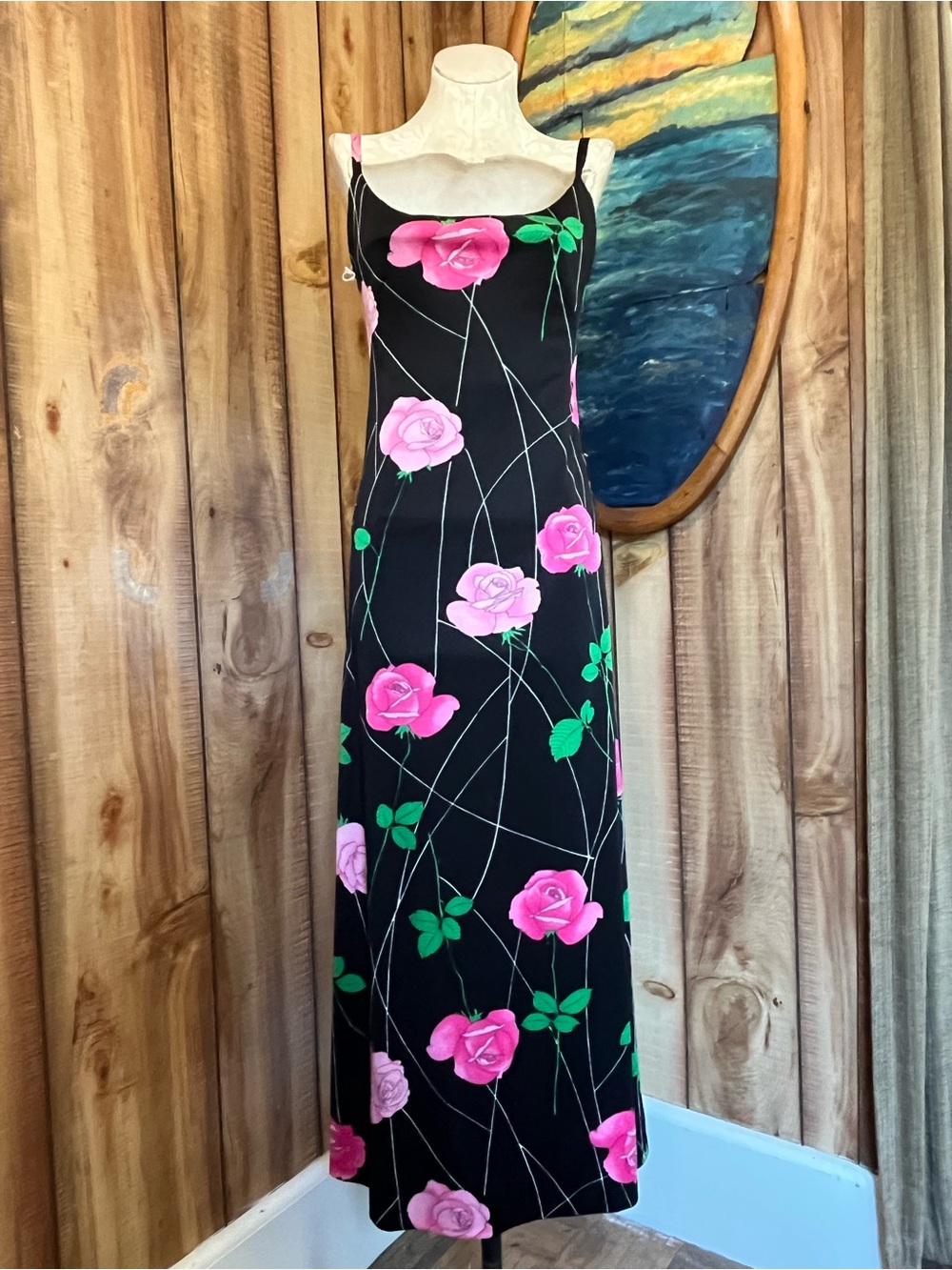 💋 Black Maxi Slip Dress with Pink Rose Print